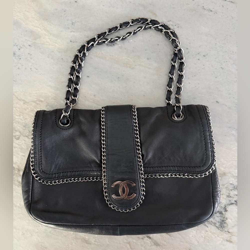 Chanel Black Leather Shoulder Bag with Chain Detail